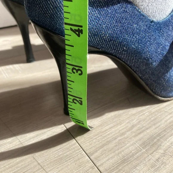 Stuart Weitzman Dark Blue Denim Heels with Black Strap - Picture 6 of 8